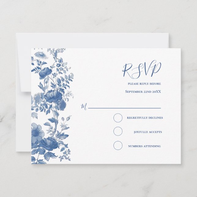 RSVP Élégant  Floral Toile Bleu Mariage (Devant)