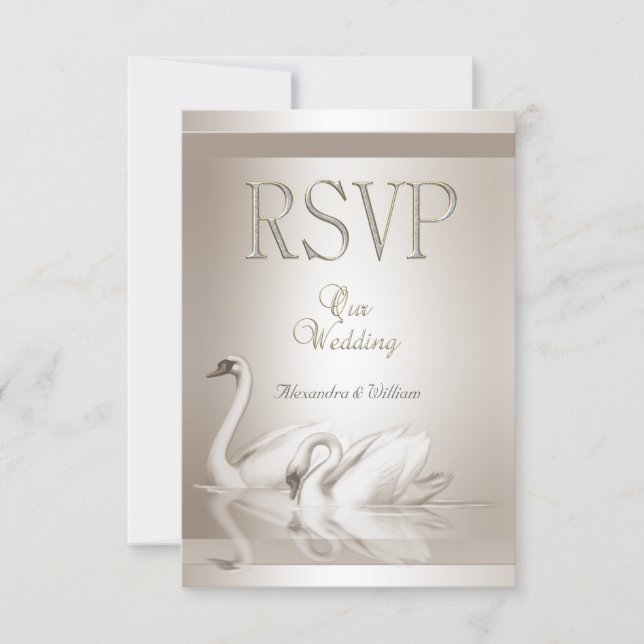 RSVP Élégant Mariage Cygnes Damassé Crème Blanc (Devant)