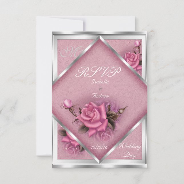 RSVP Élégant Mariage Rose Pâle Bouquet Argenté (Devant)