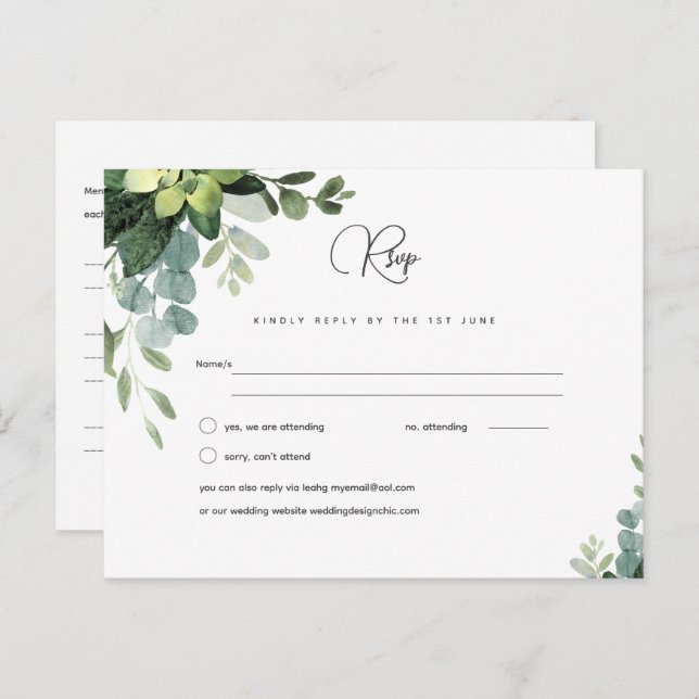 RSVP Eucalyptus Mariage - Watercolor Green Menu (Devant / Derrière)