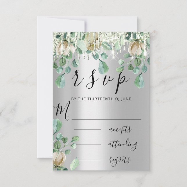 RSVP Gouttes Argentées Mariage Florales Vert Menth (Devant)