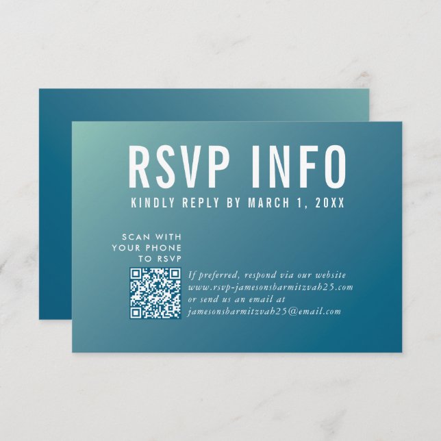 RSVP INFO CARD moderne bleu foncé menthe qrcode (Devant / Derrière)