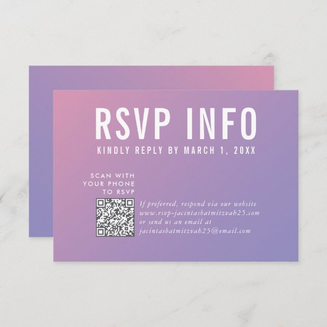 RSVP INFO CARD moderne violet rose qrcode (Devant / Derrière)