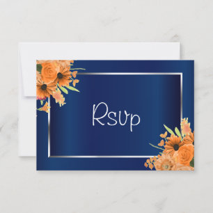 RSVP - Jolies Fleurs Orange sur Fond Bleu Marine