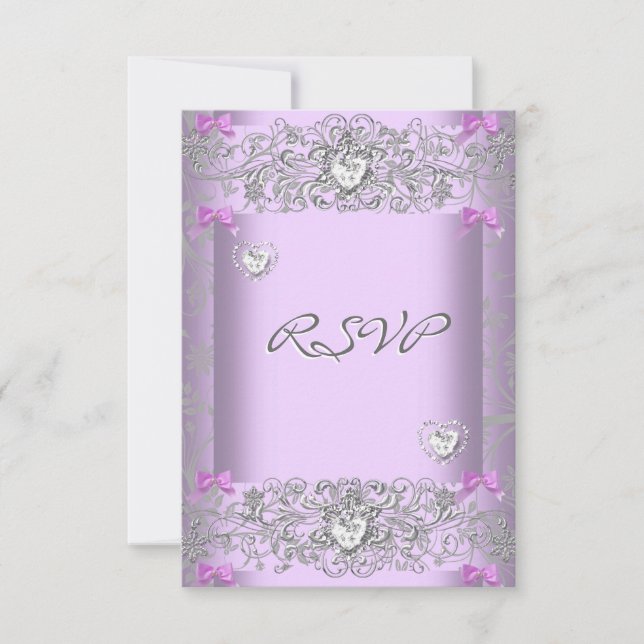 RSVP Lilac Mariage damassé Coeurs Diamants Blancs (Devant)