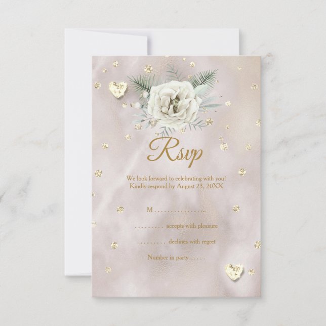 RSVP Mariage Beige Or Blanc Rose Cœurs Paillettes (Devant)