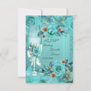 RSVP Mariage Bleu Sarcelle Beige Roses Fleurs 3