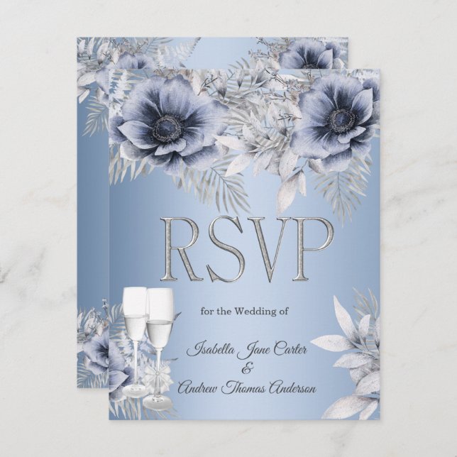 RSVP Mariage Blue Silver Floral Bouquet Champagne (Devant / Derrière)