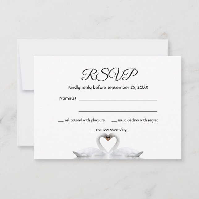 RSVP mariage carte blanche couple de cygne blanc é (Devant)