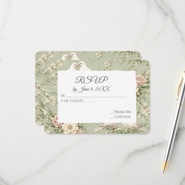 RSVP Mariage Colombes et Rubans Vert Sauge (Devant/Arrière en situation)