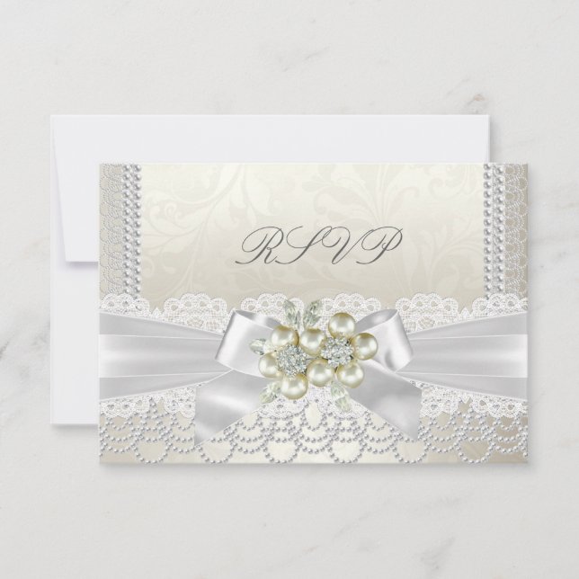 RSVP Mariage Crème Perle Dentelle Damassé Diamant (Devant)