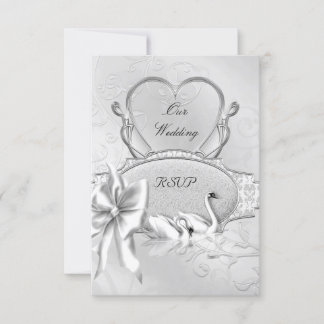 RSVP Mariage Élégant Cygnes Blancs Argent Cœur Arc