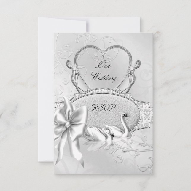 RSVP Mariage Élégant Cygnes Blancs Argent Cœur Rub (Devant)