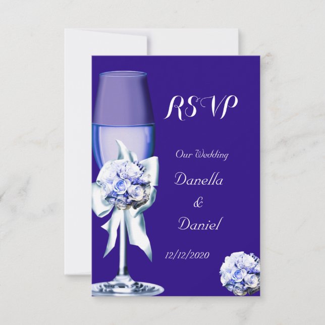 RSVP Mariage Élégant Fleurs Roses Argentées Bleu M (Devant)