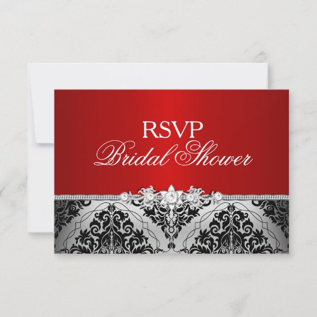 RSVP Mariage Fête Rouge Argent Damassé & Bijou (Devant)