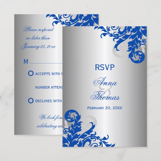 RSVP Mariage Fleurie Bleu Royal et Argent (Devant / Derrière)