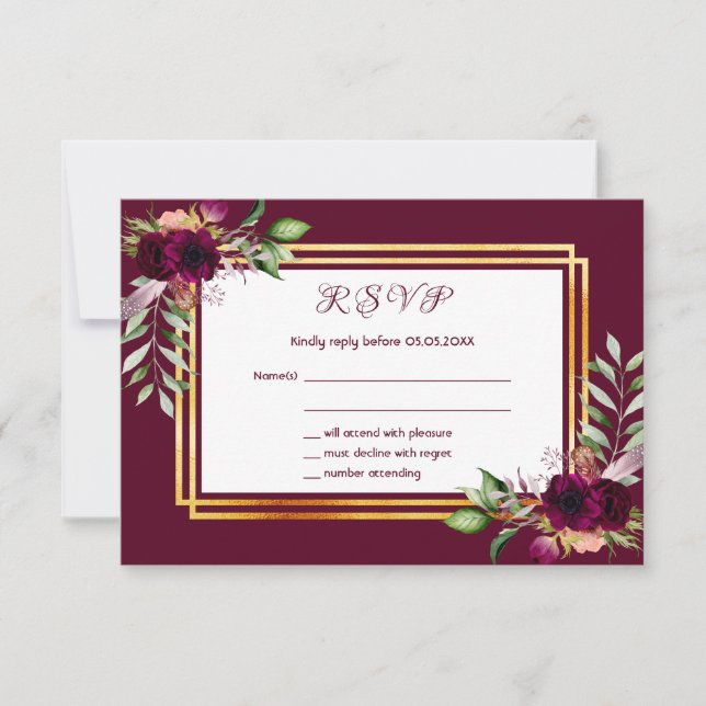 RSVP mariage florales bordeaux boho bordeaux (Devant)