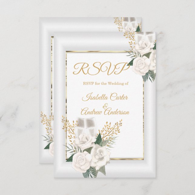 RSVP Mariage Rose blanche Florale Champagne Or (Devant / Derrière)