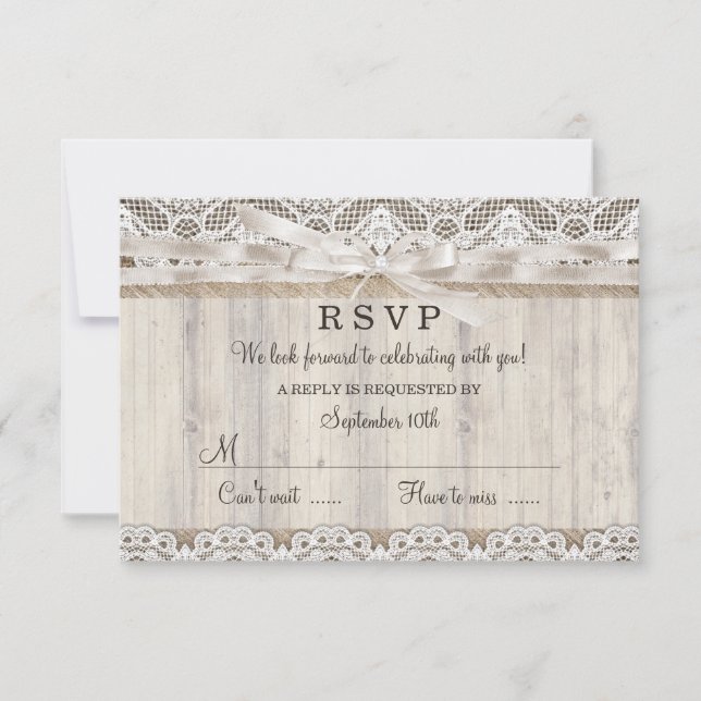 RSVP mariage rustique vintage en dentelle et bois (Devant)