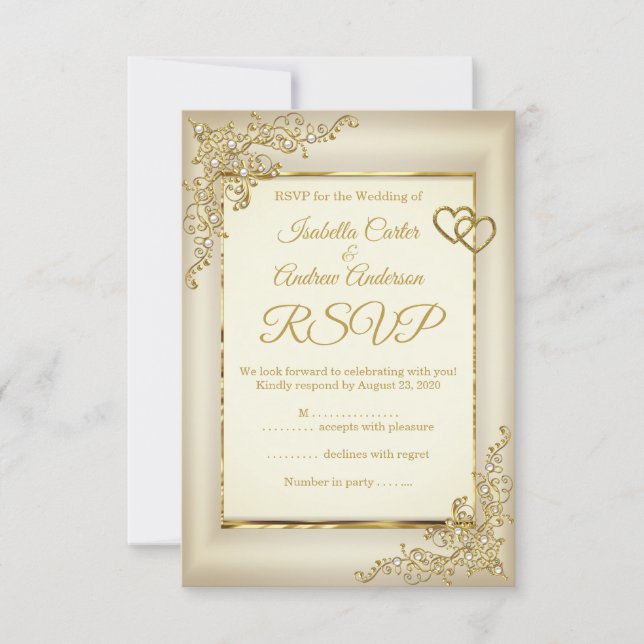 RSVP Mariage Vintage crème Beige Gold Heart Pearl (Devant)