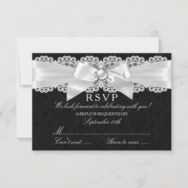 RSVP noir et blanc damassé et noeud en perle (Devant)