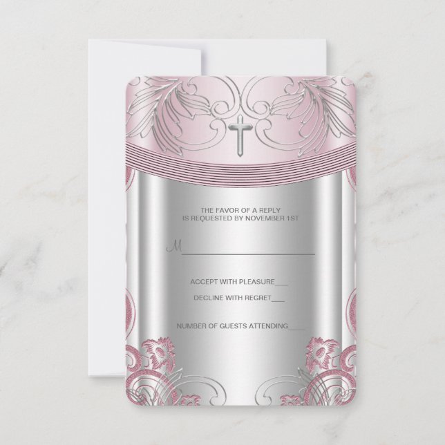 RSVP pour le baptême de bébé fille argent et rose (Devant)