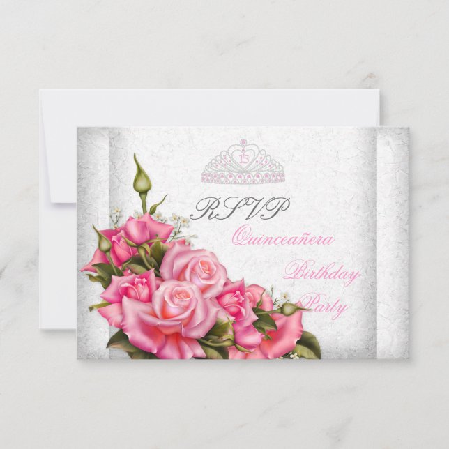 RSVP Quinceanera Jolie rose Roses Blanches 15e (Devant)
