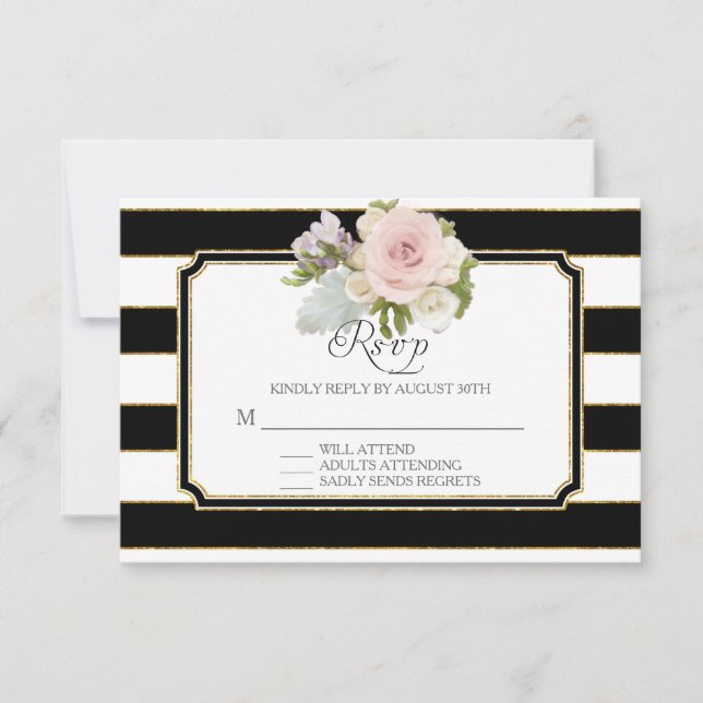 RSVP Rose Floral moderne Elégant noir blanc bande (Devant)