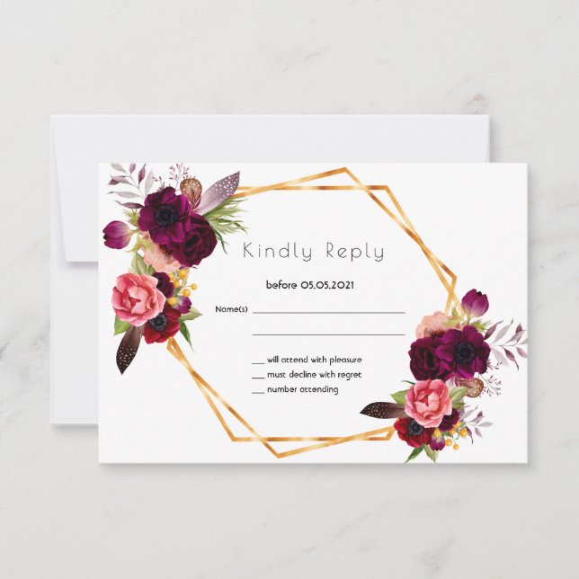RSVP rose or fleurs de mariage bordeaux blanc (Devant)