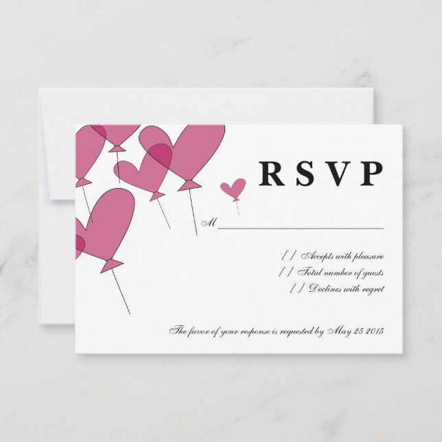 RSVP wedding cards with red heart balloon design (Devant)