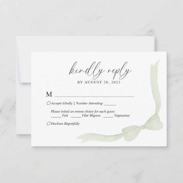 Ruban à nœud vert sauge Menu Choix Réponse mariage (Devant)