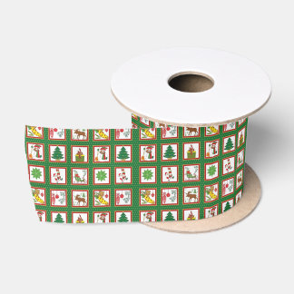 Ruban de Noël en satin vert à motif d'icônes en gr