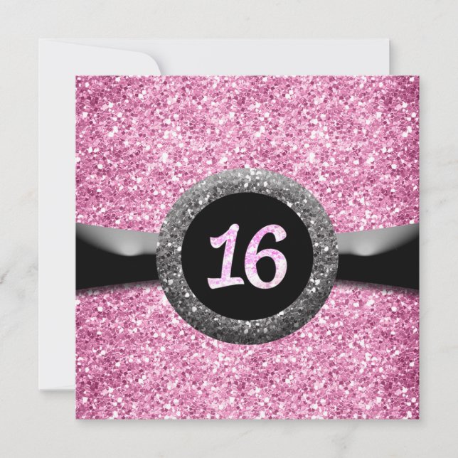 Ruban Emblème Invitation Sweet 16 Pailleté Rose (Devant)