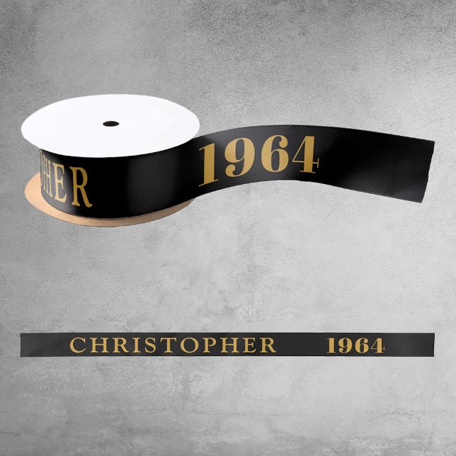Ruban En Satin 60e anniversaire Nom 1964 Black Gold Elegant Chic (60th Birthday Black Gold Elegant Chic Satin Ribbon Born 1964 - Personalized Celebration Accessory.)