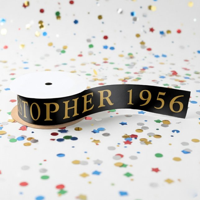 Ruban En Satin 70th Birthday Name 1956 Black Gold Elegant Chic (Born 1956 ribbon with confetti background)