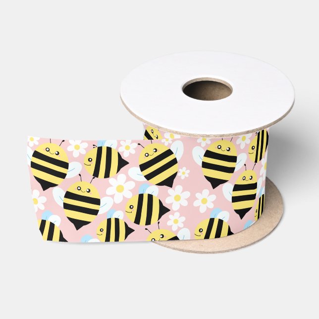 Ruban En Satin Abeilles Et Fleurs Blanches (Bobine)