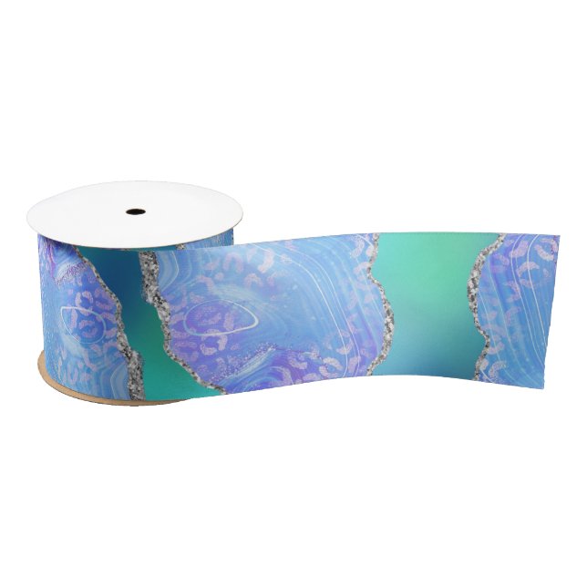 Ruban En Satin Agate Léopard Sarcelle | Motif de Pierre Abstraite (Bobine)