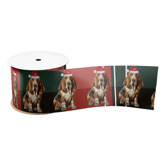 Ruban En Satin Amoureux des chiens Basset Hound Rouge Vert Plaid  (Bobine)