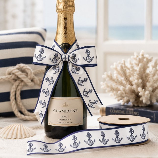 Ruban En Satin Ancre Bleu Marine Côtière Navale de Plage  (Nautical Coastal Beach Seaside Navy Blue Anchor Satin Ribbon)
