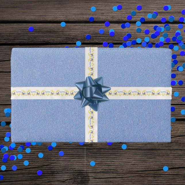 Ruban En Satin Anniversaire Rouge bleu Oiseaux Branches Fleurs Ja (Singing blue red birds on branch with bright yellow flowers on white Happy Birthday gift ribbon.)