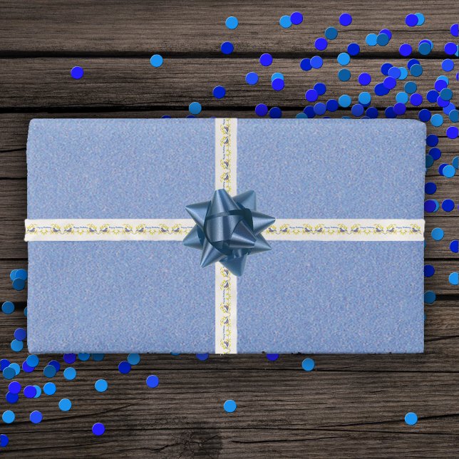 Ruban En Satin Anniversaire Rouge Bleu Rouge Oiseaux Branche Fleu (Little red and blue birds pretty yellow flowers on white Happy Birthday gift wrap ribbon.)