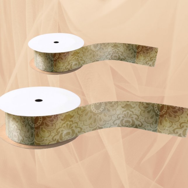 Ruban En Satin Antique Green Gold Damask  (Beautiful ribbon for crafting or gifting!)