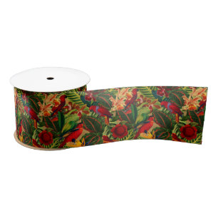 Ruban En Satin Antique Tropical Parrots Jungle Motif