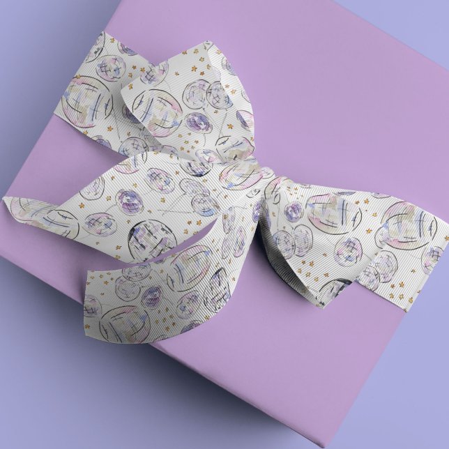 Ruban En Satin Aquarelle à billes disco étoilées (Fabulous watercolor painted star studded disco balls pattern gift wrapping ribbon.)