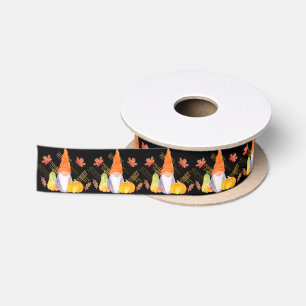 Ruban En Satin Aquarelle Automne Gnomes, Citrouille Et Feuille