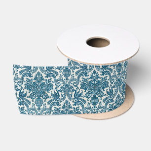 Ruban En Satin Aquarelle bleu & blanc Floral Vintage Motif