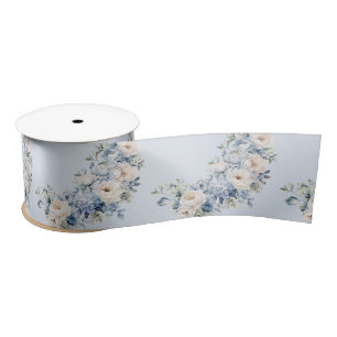 Ruban En Satin Aquarelle bleu Dusty Fleurs d'ivoire Feuille Rusti