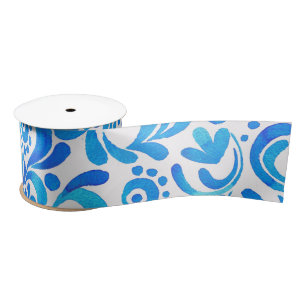 Ruban En Satin Aquarelle botanique Bleu et Blanc