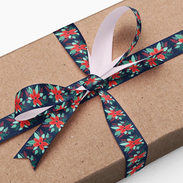 Ruban En Satin Aquarelle de Noël Rouge Botanique Bleu Vacances (Créateur téléchargé)