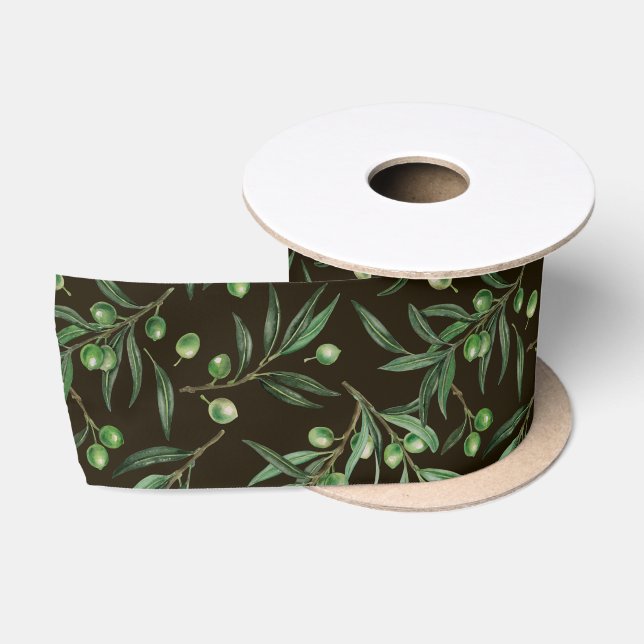 Ruban En Satin Aquarelle des branches d'olive en noir (Bobine)